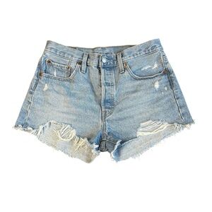 Levi’s Premium 501 Button Fly Distressed Blue Denim Women Shorts Size 29 #1708